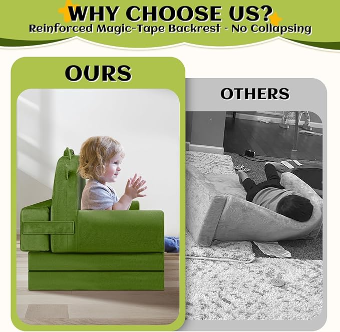 Dinosaur Kids Sofa Bed with Removable Washable Cover & Hook and Loop Backrest – Foldable Toddler Chair, Cozy Crystal Velvet Furniture for Playtime, Naps & Travel (Dark Green, Dino Design)-NeatNest
