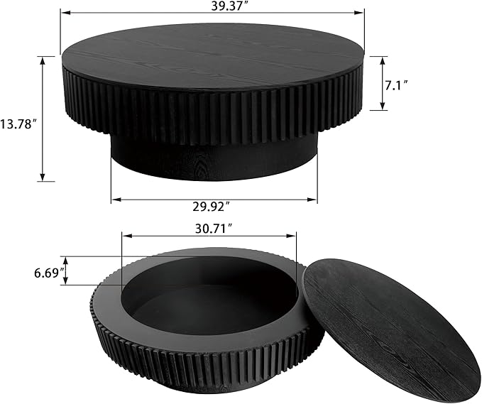 kevinplus 39.37'' Black Round Coffee Table Modern Wood Circle Fluted Drum Pedestal Coffee Table with Storage Space for Living Room, Easy Assembly, Black
