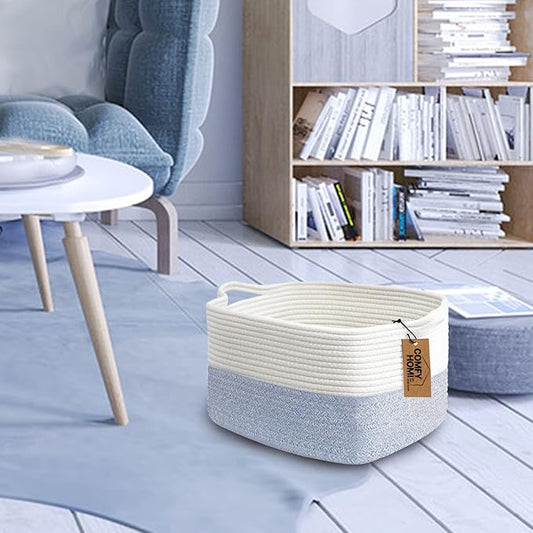 COMFY-HOMI Cotton Rope Woven Basket with Handles for shelf,Toy, Book, Cloth Storage Basket for Organizing-13.5"X11"X9.5" Storage Bin for Living Room, Newborn or Infant Gift for boy girl (White/blue)-NeatNest