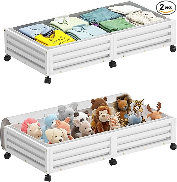 Bamboo Under Bed Storage Containers- Underbed Organizer with Wheels with Large Dust Bag,Sturdy Wood Rolling Under the Bed Shoe Storage Organizer Drawer 2 Packs (White, Long)-NeatNest