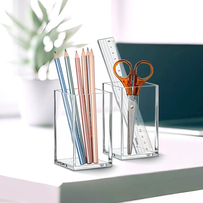 Amazing Abby - Penelope - 2-Pack Pen Holder, Acrylic Pen Holder, Clear Plastic Organizer for Office Supplies, Perfect Office Desktop Storage Solution for Pencils, Pens, Markers, Scissors, and More-NeatNest