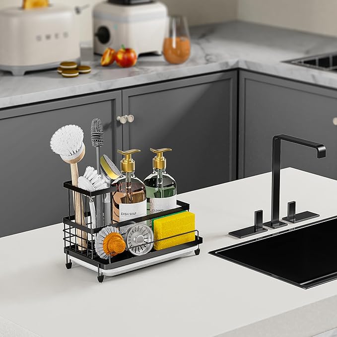 Cisily Large Capacity Kitchen Sink Caddy Organizer, Rustproof Non-Slip Sponge Holder With Dish Brush Holder Organizer, Kitchen Organization and Storage, Essentials Accessories for Countertop-NeatNest