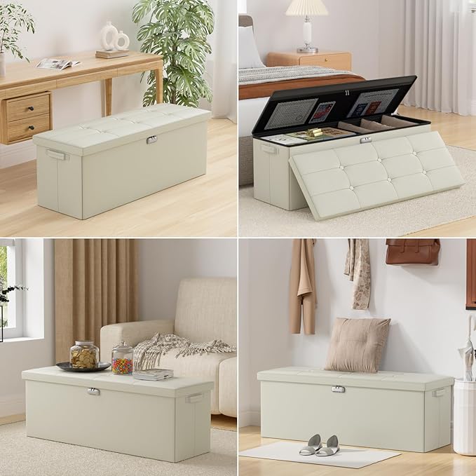 DocSafe Storage Ottoman Bench,Fireproof&Waterproof Folding Bench with Lock(15”x 43”x15”),Leather Storage Chest with Handles&2 Extra Boxes,Ottoman Safe for Bedroom,Living Room,Home Office,Beige-NeatNest