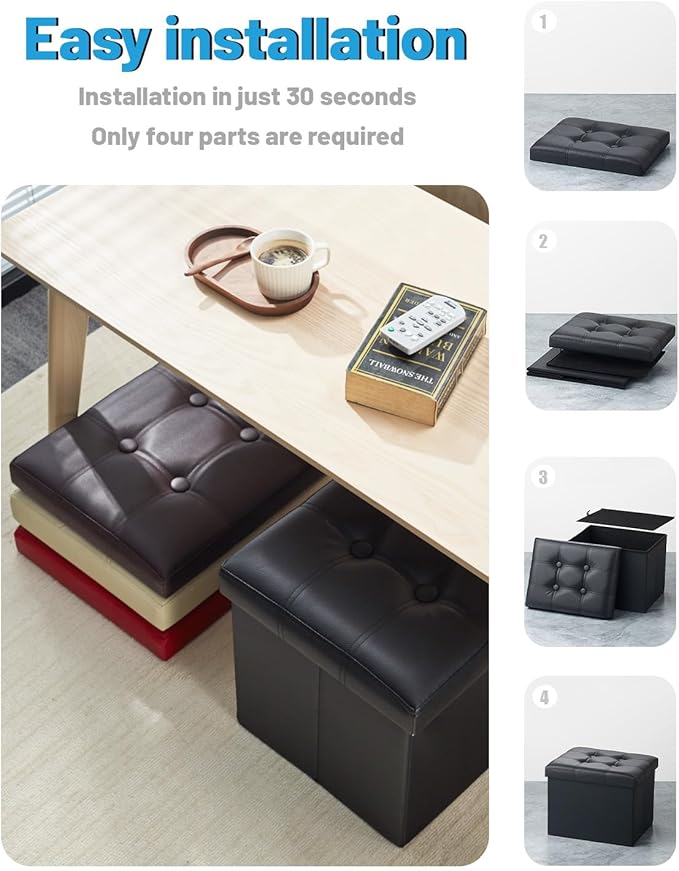 AmasSmile Storage Ottoman Folding Foot Rest Stool, Leather Footstool Bench, Short Ottoman Stool, Storage Foot Rest Store, Books (Black-2pc, 17" D x 13" W x 13" H)-NeatNest