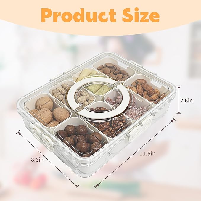Divided Serving Tray with Lid and Handle,8 Compartments Snacks Box,Snack Fruit Tray,Veggie Tray,Portable Platter for Candy Fruits Nuts Snack Party Entertaining Picnic(2 PCS)-NeatNest