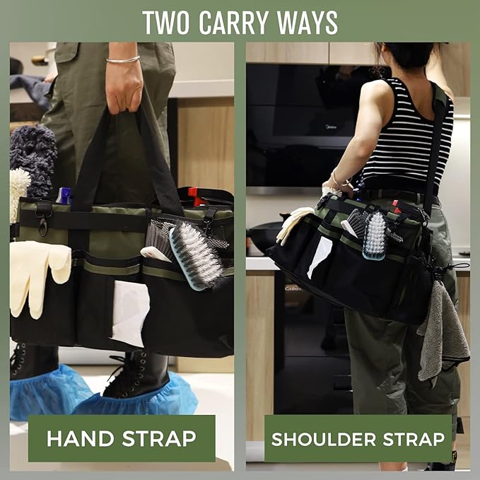 Wearable Cleaning Caddy Organizer with Handle & Shoulder Straps for Housekeepers, Under Sink & Car Cleaning Tool Organizer Bag with 4 Foldable Dividers (Green)