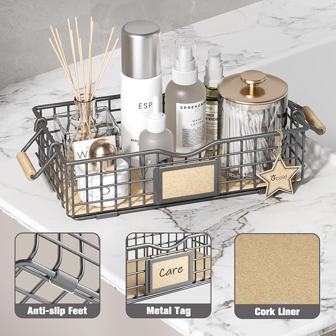 Bathroom Tray Organizers and Storage, 3 Pack Storage Baskets with Wooden Handles, Multipurpose for Bathroom, Coffee Bar, Kitchen cabinet, Living Room - Grey-NeatNest