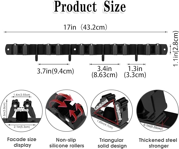 AceMining 2 Pack Black 5 Racks and 4 Hooks Mop and Broom Holder Wall Mount, Broom Organizer Storage Tool Racks Stainless Steel Heavy Duty Hooks Self Adhesive Solid Non-slip for Home Kitchen Garden-NeatNest