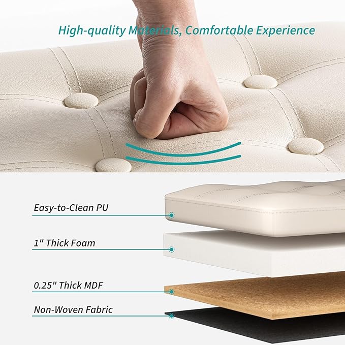 2 Pack Folding Storage Ottoman, 16 inch PU Leather Small Ottoman with Storage Foldable, Set of 2 Faux Leather Foot Stool Support 260lbs for Living Room, Bedroom, Hallway, Cream