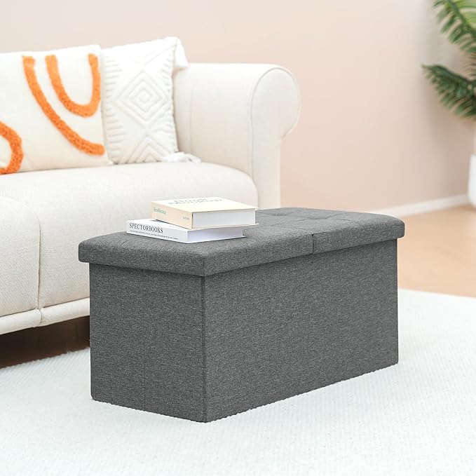 B FSOBEIIALEO Storage Ottoman with Flipping Lids, Ottoman Bench Footrest Seat, Linen 30"x15"x15" (Grey)