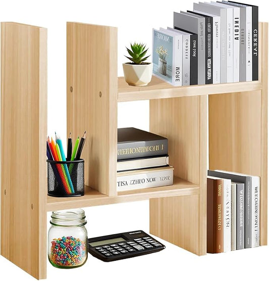 Desk Organizer Shelf Wooden Desktop Bookshelf Adjustable Desktop Organizer Shelves Small Book Shelf for Office Desk Supplies Home Storage Natural Stand Decor (Beige, Style1)-NeatNest