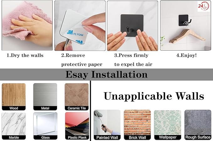 Bath Towel Hooks - 6 Pack Long Self Adhesive Coat/Clothes Hooks, No Drilling Strong Sticky Hooks, Heavy Duty 304 Stainless Steel Shower Wall Hook for Bathroom Kitchen Bedroom(Matte Black)