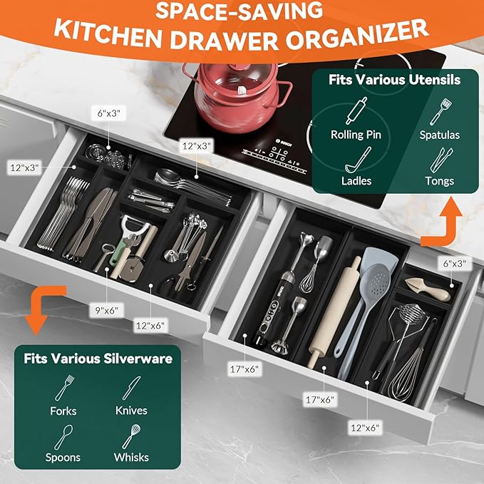 Bamboo Drawer Organizer, Narrow Silverware Organizer for Kitchen, Stackable Utensil Organizer, 2 Pcs Flatware Organizer, Wooden Storage Box Tray (Black, 12 X 3 X 2 Inch)-NeatNest