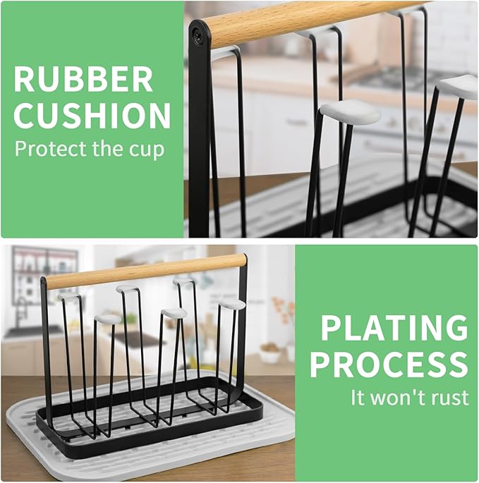 Cup Drying Rack Stand,Beer Glasses Rack 6 Cup Metal Drainer Holder Rack Non-Slip Mugs Cups Organizer with Wood Handle, Black-NeatNest