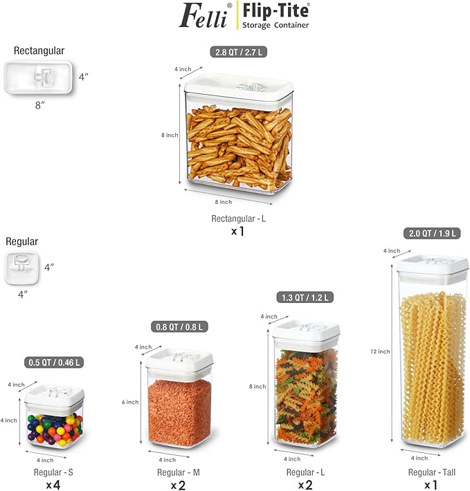 Felli Flip Tite Storage Container with 4 Inch Lid SQUARE & RECTANGLE, Air Tight Ring Seal Top Clear Acrylic Canister Jar, Spice Pasta Cereal Snack Pantry Organizer, Gift Set for Women (10pk, Variety)-NeatNest