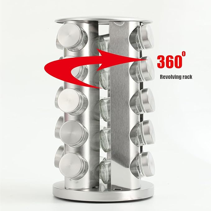 Spice rack-Revolving Spice Rack Set, Kitchen Spice Tower Organizer for Countertop or Cabinet -Desktop Rotating Seasoning Organizer(Stainless Steel) (Silver, 20-Jar)
