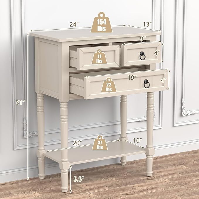 Giantex Entryway Table with Storage, Rustic Small Console Table w/ 3 Drawers & Open Bottom Shelf, Skinny Wood Console Table, Narrow Sofa Side Table for Living Room, Foyer, Hallway, Entry Table, Beige-NeatNest
