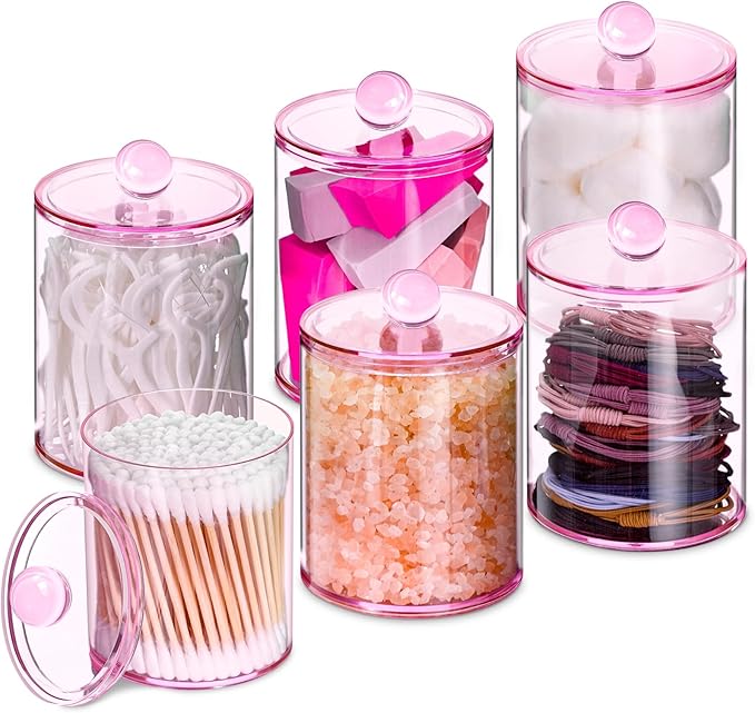 Qtip Holder Dispenser, 6 Pack 10 oz, 12 oz Plastic Apothecary Jar Set for Bathroom Canister Storage Organization,Vanity Makeup Organizer for Cotton Swab, Ball, Pads, Floss.(Pink)