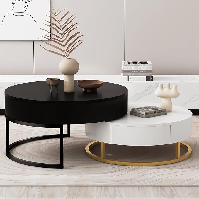 Modern Round Lift-top Nesting Coffee Tables with 2 Drawers White & Black