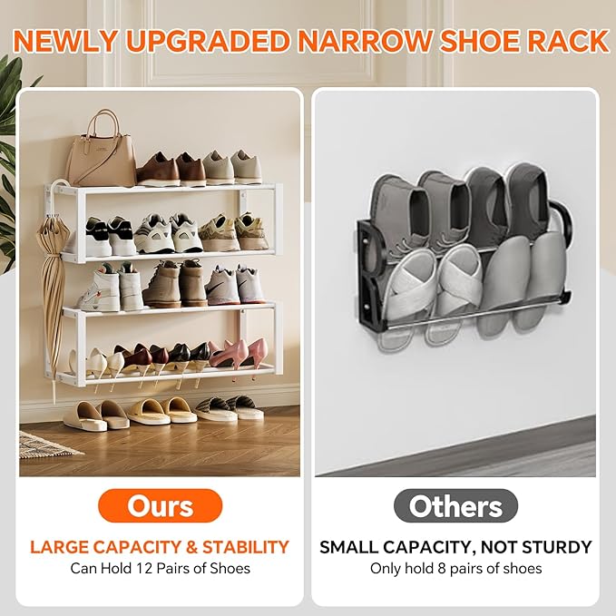 Homeiju Hanging Shoe Organizer,2 Pack Wall Mounted Shoe Rack Holds 12 Pairs,Space Saving Metal Wall Shoe Rack,Hanging Shoe Rack Shoe Holder for Small Space,Entryway,Closet,RV,Camper (White-NeatNest