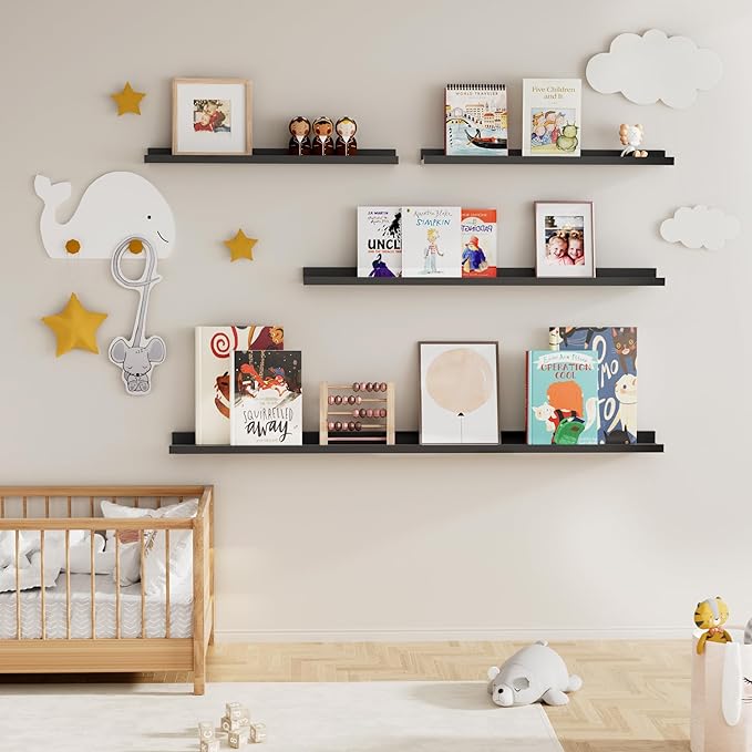 Fun Memories Picture Ledge Shelf, 24 Inch Floating Shelves Set of 2, Nursery Book Shelves for Toys Storage, Kids Bookshelf Wall Mounted for Wall Decor Books Photo Frames, Black-NeatNest