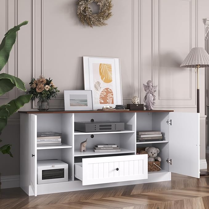 63 in Farmhouse TV Stand for TVs up to 70 Inch, Modern Entertainment Center with Storage Drawer and Open Shelves, Shaker Door TV Console Media Cabinet for Living Room, Bedroom, White-NeatNest