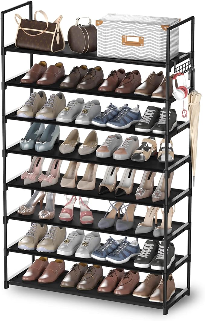 8 Tiers Shoe Rack Organizer, Stackable & Adjustable Non-Woven Fabric Shoe Shelf Storage Cabinet, Holds up to 32 Pairs for Entryway, Closet, Black-NeatNest