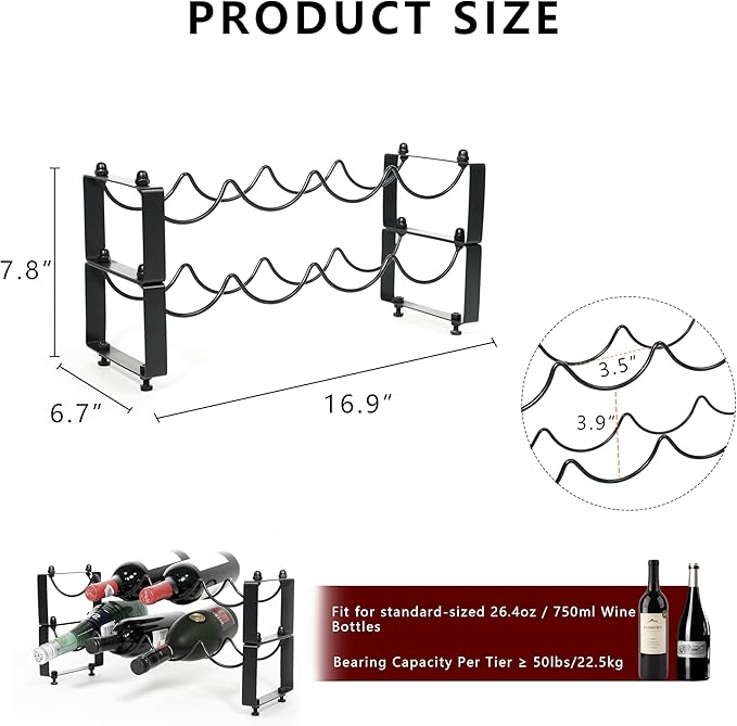 2 Tiered 8-Bottle Metal Wine Rack - Sturdy Wave Design with Reinforced Base | Stackable, Space-Saving Bar, Countertop, or Cabinet Storage (2)