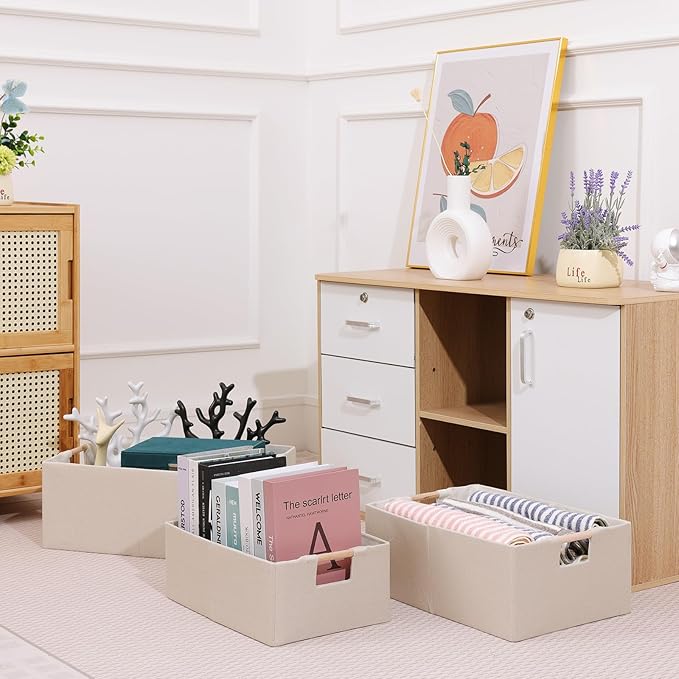 ANMINY 2PCS Storage Baskets for Organizing Collapsible Fabric Storage Bins Boxes with Wood Handles Closet Shelves Cube Organizer Bins Clothes Laundry Storage Container - Small, Beige-NeatNest