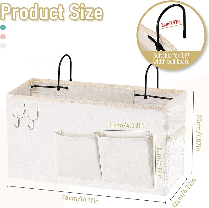 Bedside Caddy Bedside Organizer Hanging Storage Bag for Bunk College Dorm Bed and Hospital Beds with Magazine Water Bottle Phone Holder (White)-NeatNest