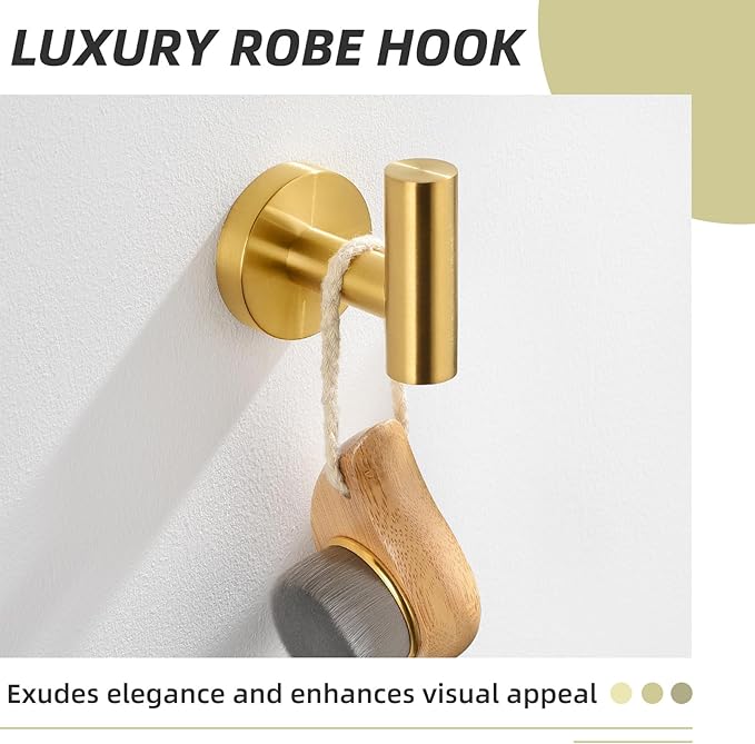 APLusee Robe Towel Hook, SUS 304 Stainless Steel Modern Home Storage Coat Hanger, Brushed Gold Wall Hook for Bath Toilet Kitchen Garage