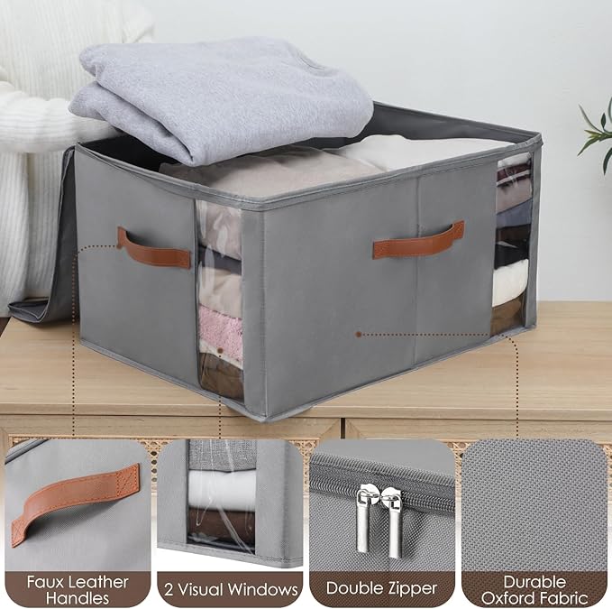 WELTRXE 65L Comforter Storage Bag with Handles, Clothing Storage Container for Quilt, Sheet, Bedding, Large Closet Organizer with Dual Zipper, Underbed Organization and Storage, Grey, 3-Pack-NeatNest