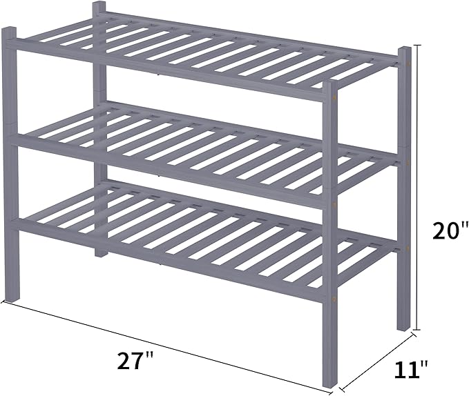 3 Tier Bamboo Shoe Rack for Closet Free Standing Wood Shoe Shelf Storage Organizer for Entryway Small Space Stackable 27"x11"x20" (Grey)-NeatNest
