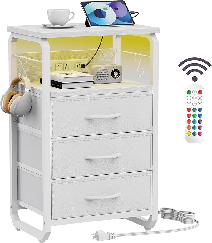 Bed Side Table with 3 Fabric Drawers, White Night Stand, LED Nightstand with Hooks, Bedside Table with Charging Station, End Table with Storage, Night Table for Living Room, Bedroom, Dorm-NeatNest