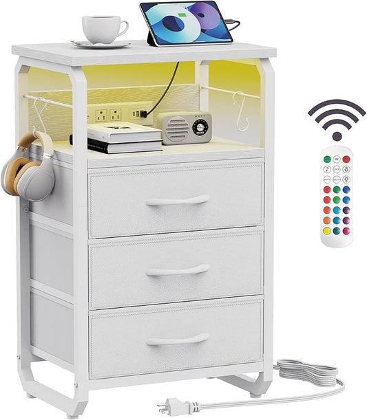 Bed Side Table with 3 Fabric Drawers, White Night Stand, LED Nightstand with Hooks, Bedside Table with Charging Station, End Table with Storage, Night Table for Living Room, Bedroom, Dorm-NeatNest