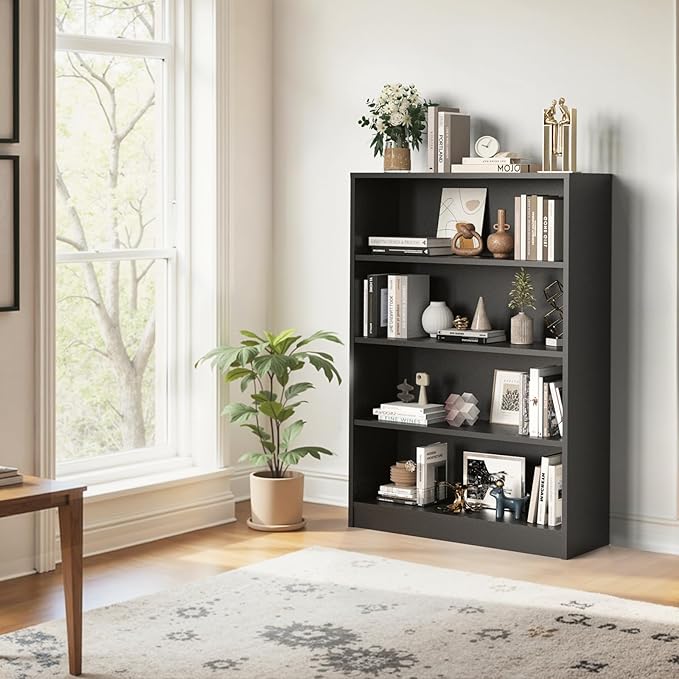Farini 48 Inch Tall 4-Shelf Bookcase, Wood Bookshelf Storage Organizer Adjustable Shelf for Home Office, Study Room, Easy Assembly,Black