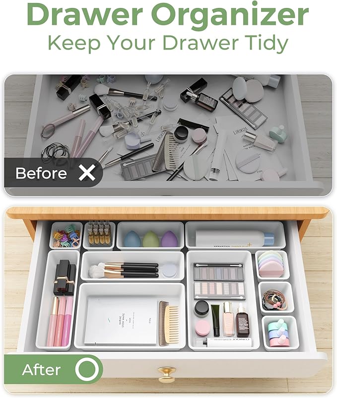 25 PCS Plastic Drawer Organizers Set, 4-Sizes Vanity and Makeup Organizer, Desk and bathroom Drawer Organizer Trays, Organizers and Storage for Makeup, Jewelry, Gadgets, Utensils (White)-NeatNest