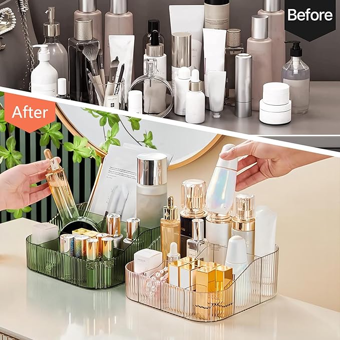 DASITON Large Capacity Makeup Brush Holder,8 Slot Makeup Brush Cup,Vintage striped Make Up Brush Holder,for Vanity Decor,Bathroom Countertops,Desk Storage Container,Cosmetic Display cases(Green-XL)-NeatNest