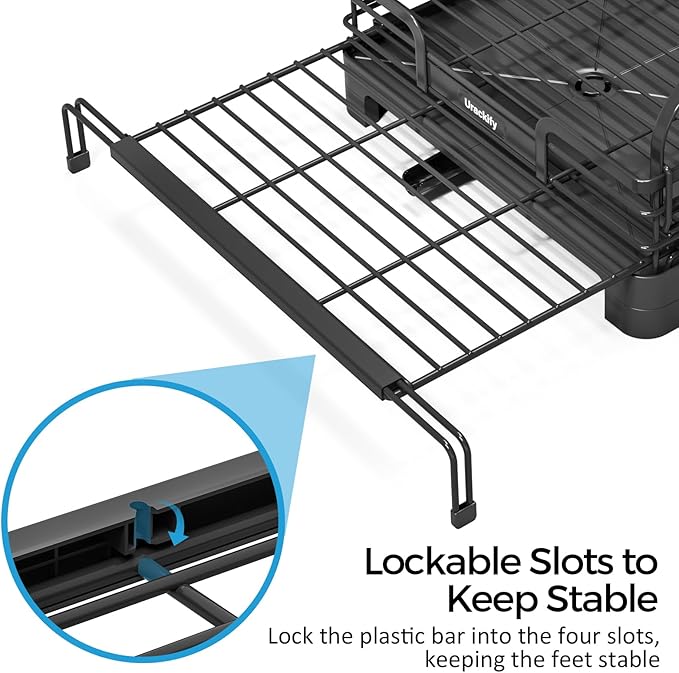 Dish Drying Rack, Extendable Dish Rack for Kitchen Counter, Large Sink Drying Dish Drainer, Stainless Steel Dish Strainer with Drainboard & Cups Holder, Black