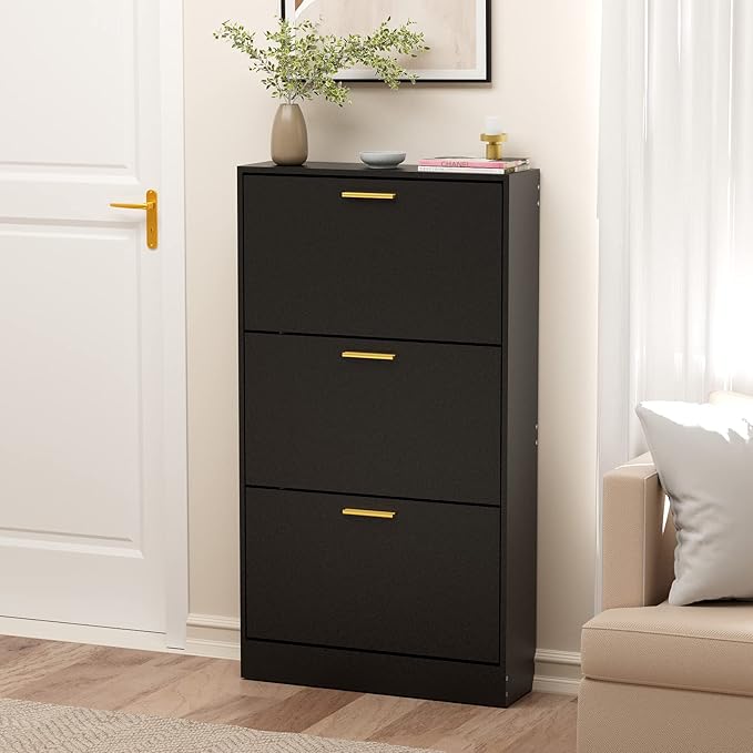 JOZZBY Shoe Cabinet Storage with 3 Flip Drawers for Entryway, Black Slim Freestanding Modern Narrow Shoe Organizer Rack Cabinet for Hallway, Living Room-NeatNest