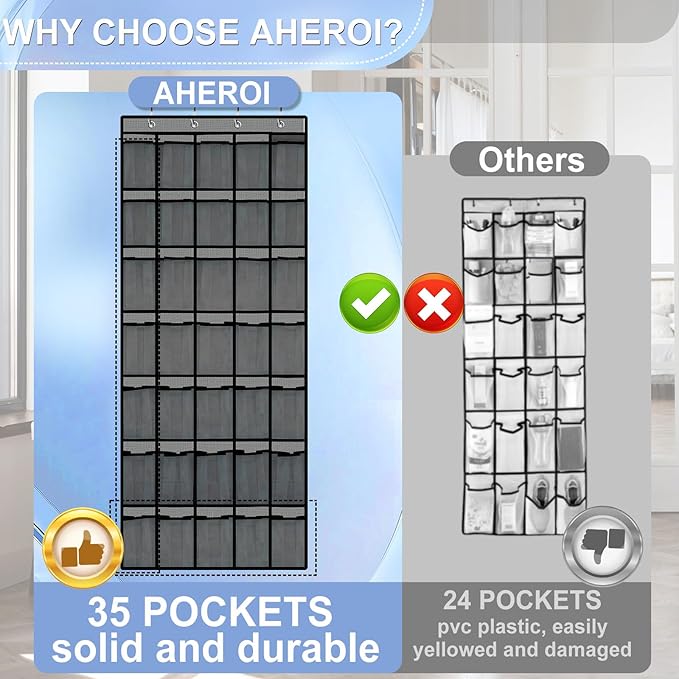 Aheroi Over the Door Shoe Organizer, 35 Pockets Mesh Shoe Organizer Door Hanger, Large Hanging Shoe Rack Holds Up to 40 lbs, Closet Shoe Behind Door Shoe Rack, Gray Durable Shoe Storage Hanging Bag