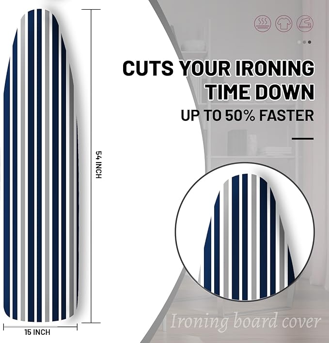 Extra Thick Ironing Board Cover and Pad, Navy Blue and Gray Stripes 15x54 Ironing Board Cover, Resist Scorching and Staining,Elastic Edges,Striped Boho Minimalist Modern