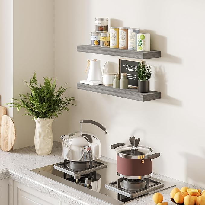 BAMEOS Floating Shelf,Wall Shelf,Decor Wall Mounted Shelves,Hanging Shelf Set L24xW6 for Bathroom Kitchen Living,Kitchen,Room Bedroom Storage,Walnut-NeatNest