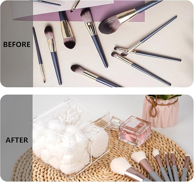 Cotton Swab Holder Dispenser with Lid, Square Plastic Box with 2 Compartments for Cotton Ball, Cotton Pads, Floss, Clear Container for Vanity Bathroom Organizer Storage-NeatNest