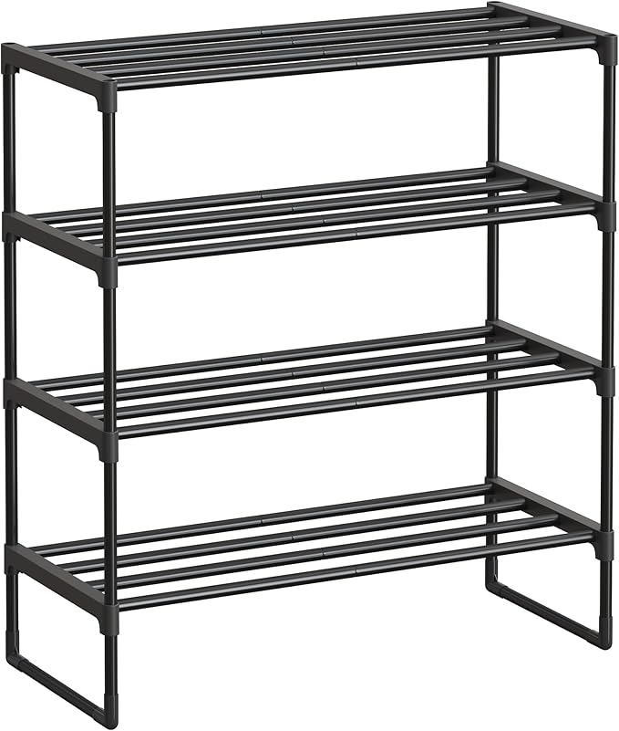 SONGMICS Shoe Rack, 4-Tier Shoe Organizer, Metal Storage Shelf, Upright or Upside Down, for 10-15 Pairs, Stackable, for Entryway, 11.8 x 26.8 x 29.5 Inches, Black ULSA204B01-NeatNest