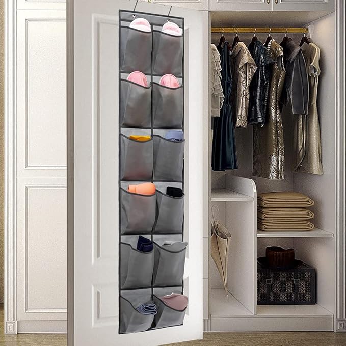 Hanging Storage Organizer Over the Door Shoes Organizer Kids Shoe Rack with 12 Large Fabric Pockets for Closet Shoe Holder Hanger (GREY)-NeatNest