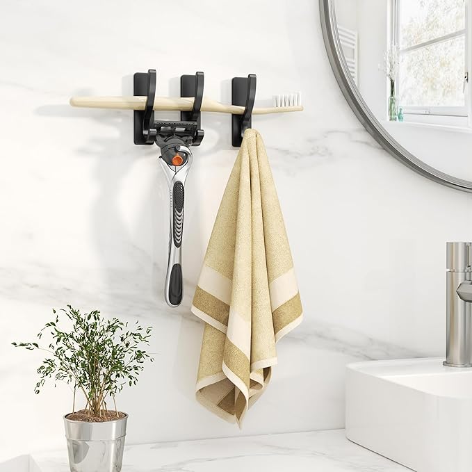 Adhesive Wall Hooks for Towels Coats - Stick On Hooks Hanging Heavy Duty (13lb), Metal Hook for Door, Bathroom, Dorm, Closet - Hanger for Purse, Bag, Robe,Backpack - No Damage to Wall - Black 4 Pack