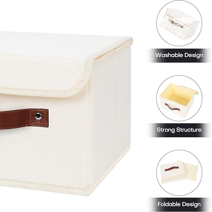 ANMINY 2PCS Storage Bins with Lid PU Leather Handles Storage Boxes PP Plastic Board Decorative Foldable Lidded Cotton Linen Fabric Home Cubes Baskets Closet Organizer Containers - Beige, Small Size-NeatNest