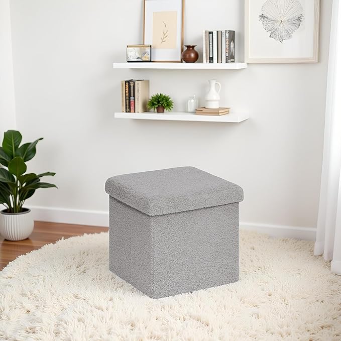 Folding Storage Ottoman Cube - Small Footrest with Sherpa Top, Multi-Functional Storage for Bedroom, Living Room-Grey