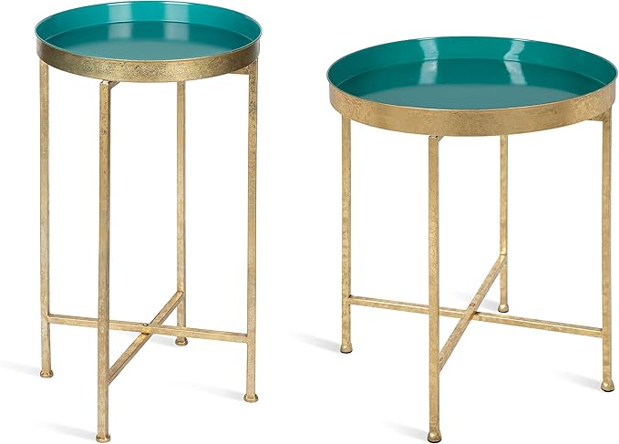 Kate and Laurel Celia Round Metal Foldable Tray Accent Table, Teal with Gold Base